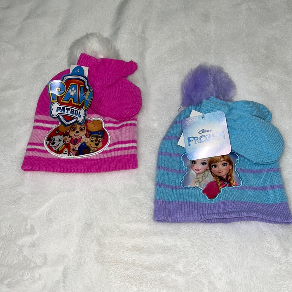 Set is 2, Adorable Frozen and Paw Patrol toddler Beanie hat and mittens.